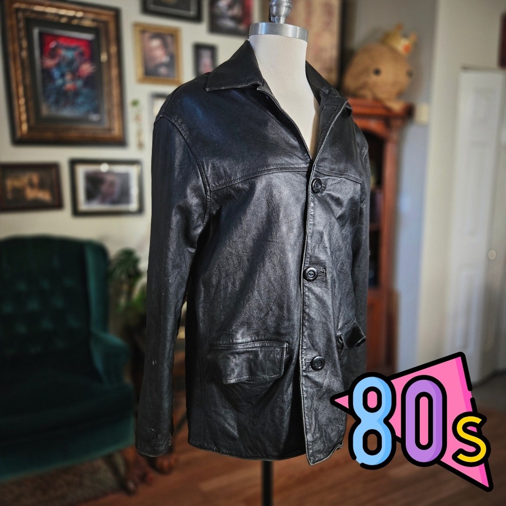 Vintage 80s Valentina Original Black‎ Leather Jacket Button Front Classic Moto